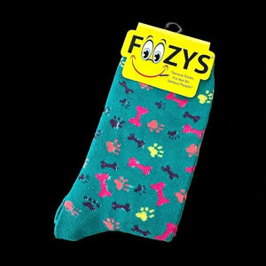NWT Foozys Womens 9-11 Teal Dog Bone Pawprint Socks Crew Novelty New Puppy Dogs